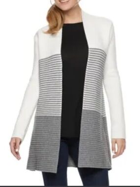 NWT-Elle White & Gray Stripe Open-Front 3/4 Length Cardigan Knit Sweater Sz M